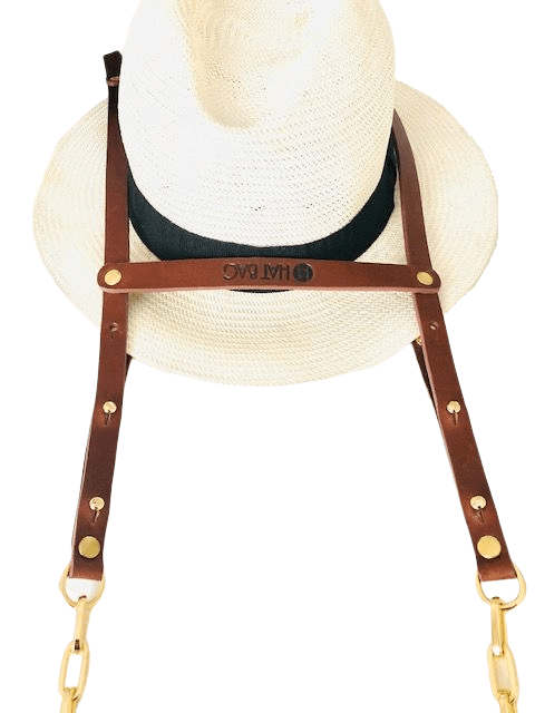 Hat Bag "Dubai" : Porte Chapeau en cuir marron clair et chainettes dorées - Hat Bag Paris