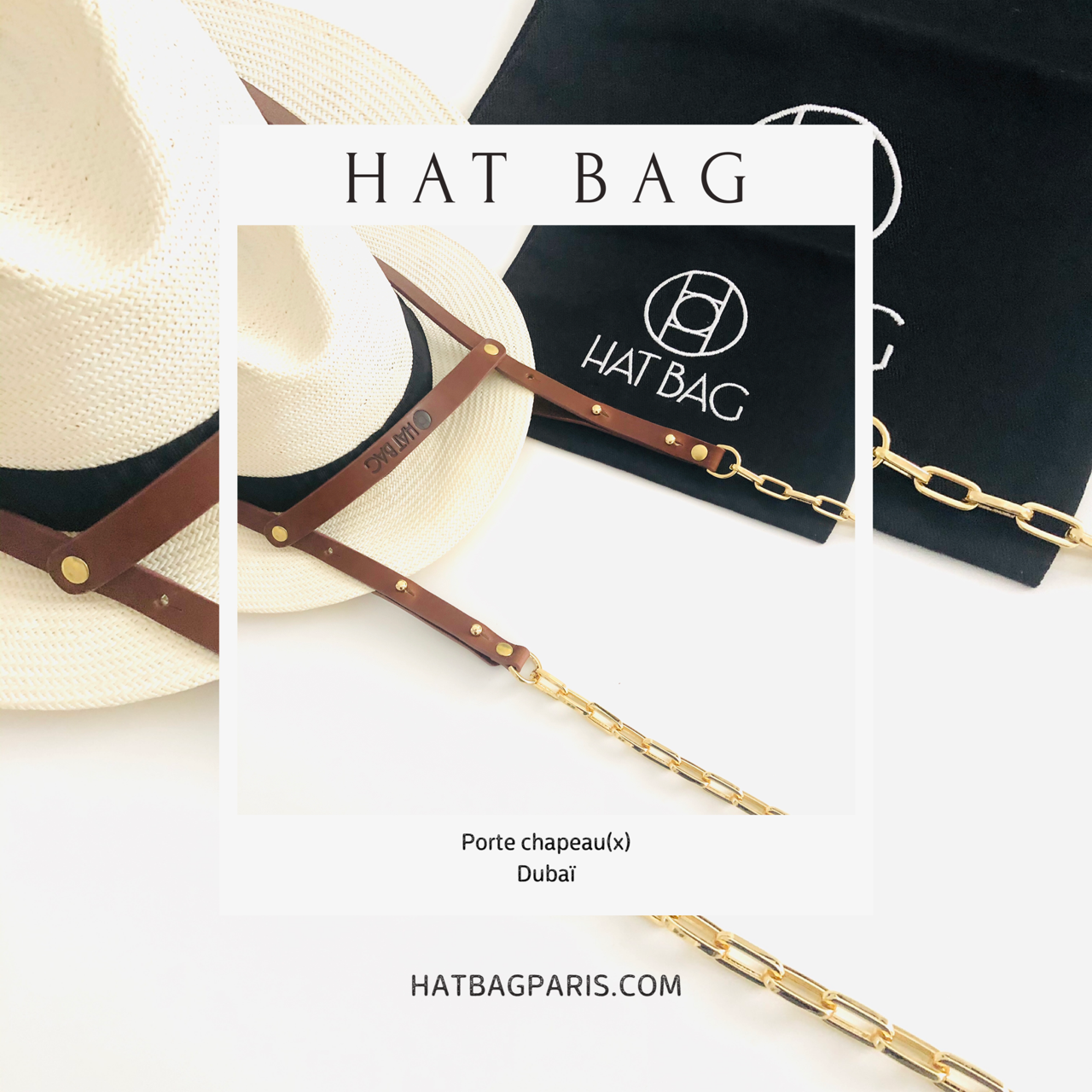 "Dubai" Hat Bag Hat Holder in light brown leather and golden chains - hat bag paris