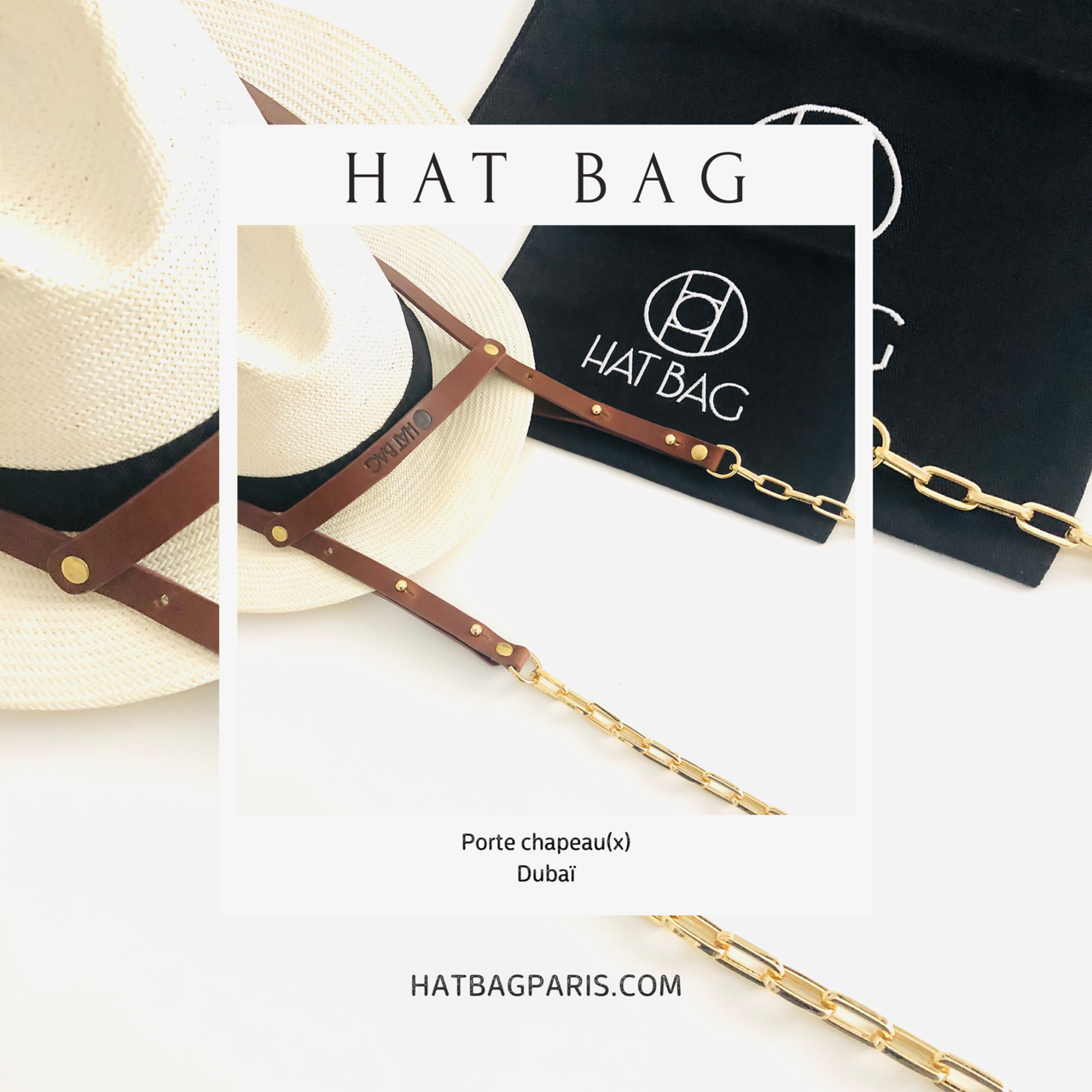 Porte Chapeau Hat Bag "Dubai" en cuir marron clair et chainettes dorées - hat bag paris