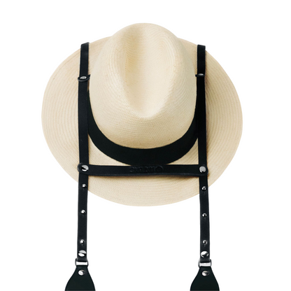 "Los Angeles" Hat Bag Hat Hat Holder من الجلد الأسود وحزام أسود قابل للتعديل - حقيبة قبعة باريس