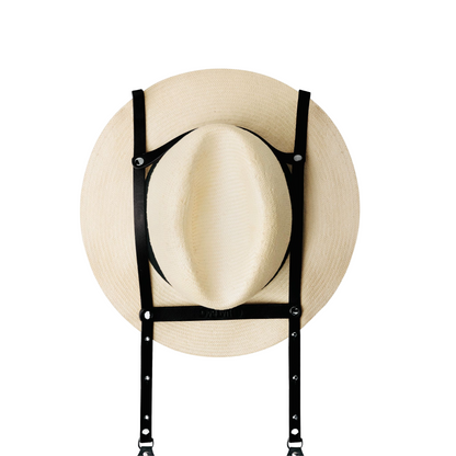 "Los Angeles" Hat Bag Hat Holder in black leather and adjustable black strap - hat bag paris