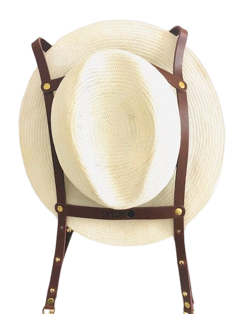 Porte Chapeau Hat Bag "Dubai" en cuir marron clair et chainettes dorées - hat bag paris
