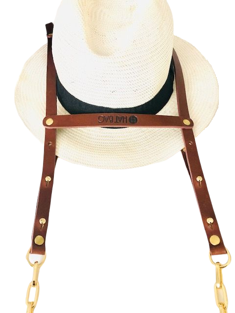 Porte Chapeau Hat Bag "Dubai" en cuir marron clair et chainettes dorées - hat bag paris