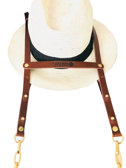 "Dubai" Hat Bag Portacappelli in pelle marrone chiaro e catene dorate - hat bag paris