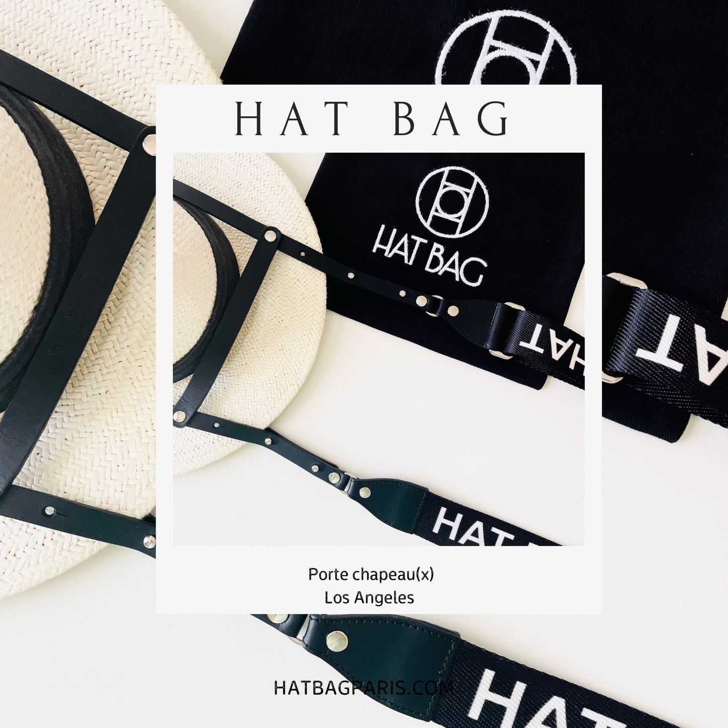 Porte Chapeau Hat Bag "Los Angeles" en cuir noir et sangle noire ajustable - hat bag paris